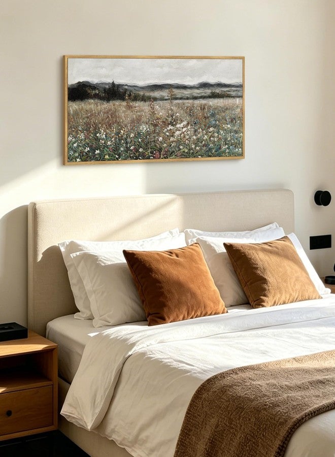 KUVIOKE Vintage Landscape Framed Wall Art 20x40in Large Meadow Sea of Flower Field Wall Prints Classic Retro Farmhouse Rustic Decorations for Living Room Bedroom (Natural Framed) - Image 1