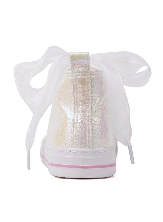 HugRain Toddler Girls Sneakers Walking Shoes Little Kids Bowknot Pearl Ribbon Lace Up Adorable Sparkle Glimmer Glitter Lightweight Low Top Non-Slip Outdoor White Size 12 - Image 4