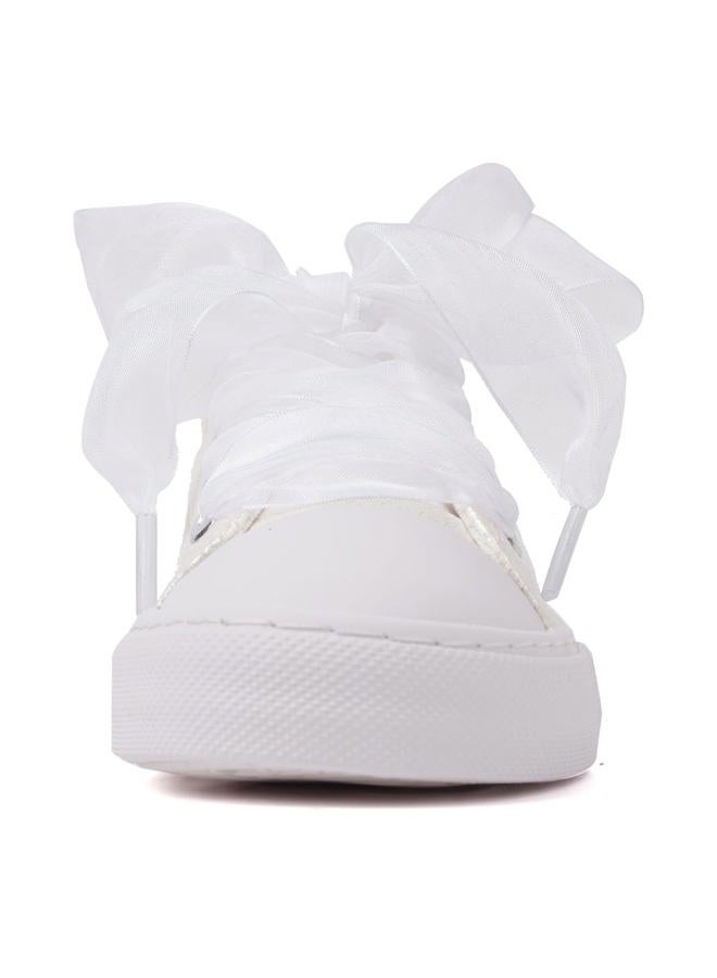 HugRain Toddler Girls Sneakers Walking Shoes Little Kids Bowknot Pearl Ribbon Lace Up Adorable Sparkle Glimmer Glitter Lightweight Low Top Non-Slip Outdoor White Size 12 - Image 3
