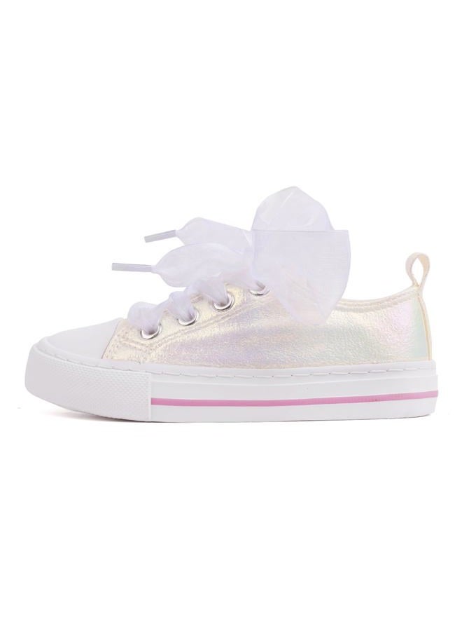 HugRain Toddler Girls Sneakers Walking Shoes Little Kids Bowknot Pearl Ribbon Lace Up Adorable Sparkle Glimmer Glitter Lightweight Low Top Non-Slip Outdoor White Size 12 - Image 1