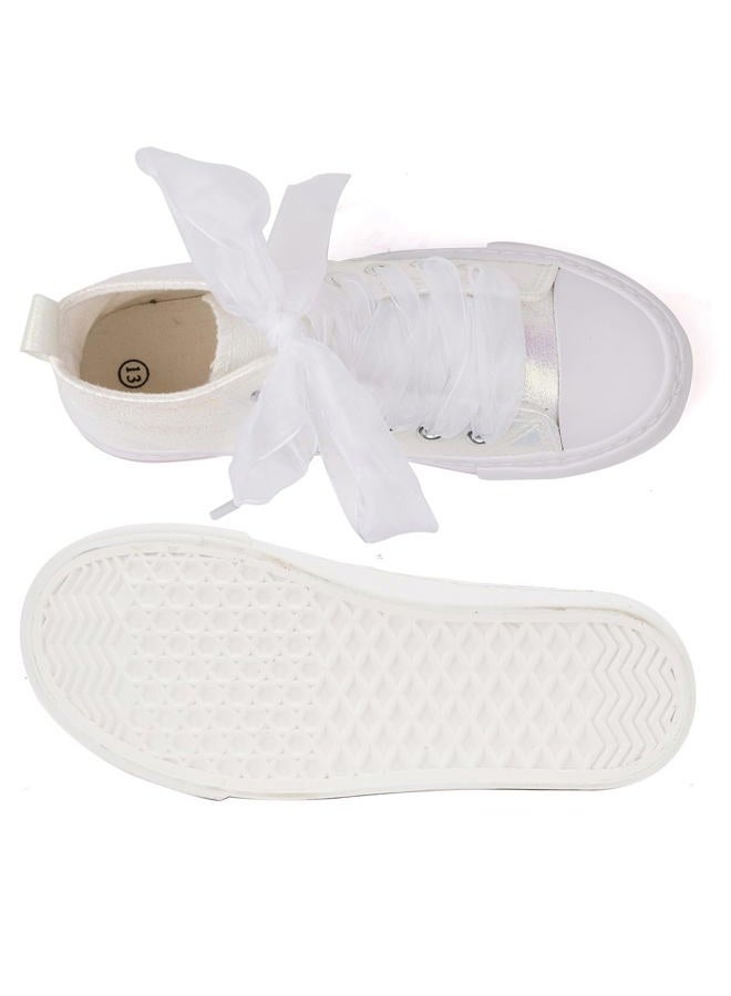 HugRain Toddler Girls Sneakers Walking Shoes Little Kids Bowknot Pearl Ribbon Lace Up Adorable Sparkle Glimmer Glitter Lightweight Low Top Non-Slip Outdoor White Size 12 - Image 5