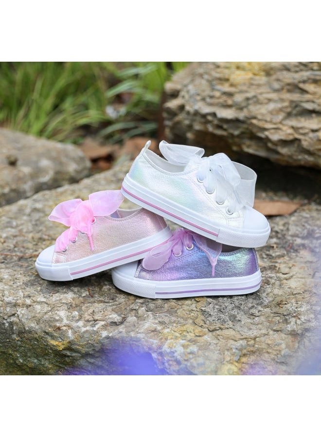 HugRain Toddler Girls Sneakers Walking Shoes Little Kids Bowknot Pearl Ribbon Lace Up Adorable Sparkle Glimmer Glitter Lightweight Low Top Non-Slip Outdoor White Size 12 - Image 2
