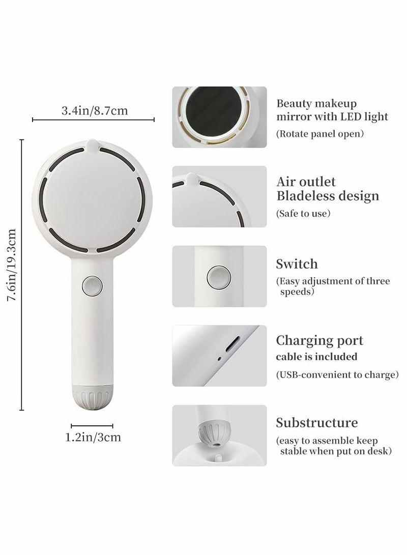 Excefore Portable Handheld Fan, Mini Handheld Small Fan with LED Light Makeup Mirror, USB Rechargeable Battery Operated Hand Fan 3 Speeds Adjustable Desk Fan with Base for Women Man Home Office Outdoor Travel - Image 5
