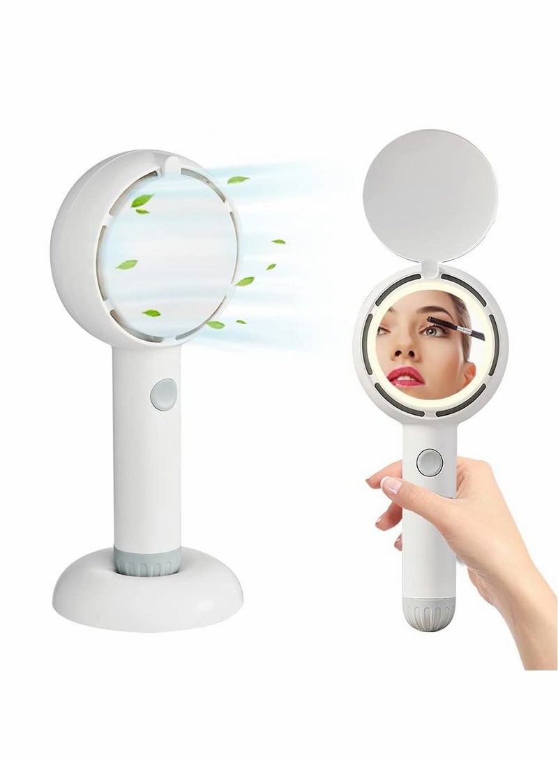 Excefore Portable Handheld Fan, Mini Handheld Small Fan with LED Light Makeup Mirror, USB Rechargeable Battery Operated Hand Fan 3 Speeds Adjustable Desk Fan with Base for Women Man Home Office Outdoor Travel - Image 1