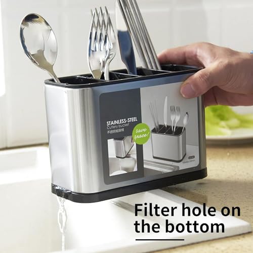Parssufy Sink Cutlery Holder, Stainless Steel Flatware Organizer, Kitchen Utensils Cutlery Caddy Counter, Multifunctional Kitchen Sink Washing Sponge Storage Rack, Chopstick Cage - Image 4