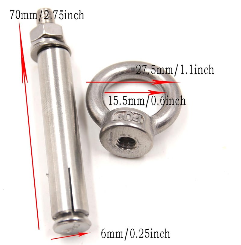 Preamer 1/4" X 2-3/4" Heavy Duty Stainless Steel Concrete Anchors Eye Bolt Eyebolt Anchor Wall Concrete Brick Anchor Expansion Bolts Ring Screw Eyes,5-Pack - Image 3