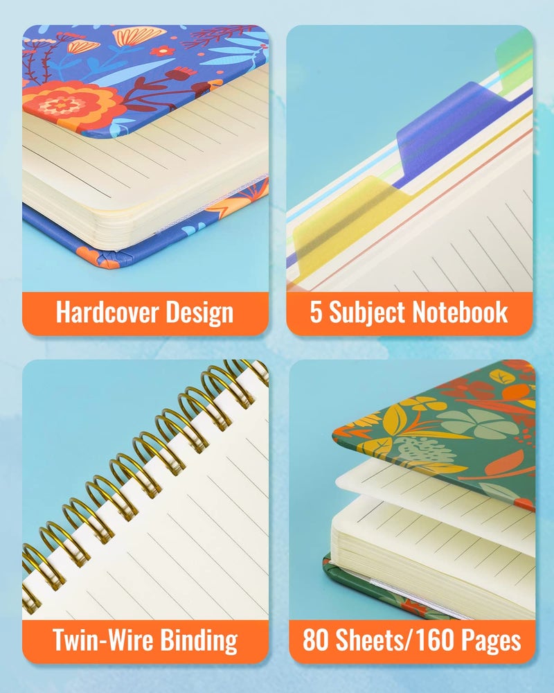 Dynta Spiral Notebooks 5 Subject 5-Pack College Ruled Hardcover with Removable Dividers 160 Pages/80 Sheets Each, A5(8.5 "x 5.7") Cute Blooming Floral, for Students Office Business Diary Book - Image 5