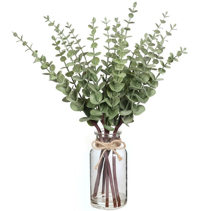 175 ARTIFICIAL EUCALYPTUS STEMS IN GLASS VASE WITH FAUX WATERFAKE PLANT EUCALYPTUS LEAVES WHITE SEEDS FOR CENTERPIECE TABLE DECORATIONS FARMHOUSE WEDDING HOME GREENERY DECOR SAGE GREEN