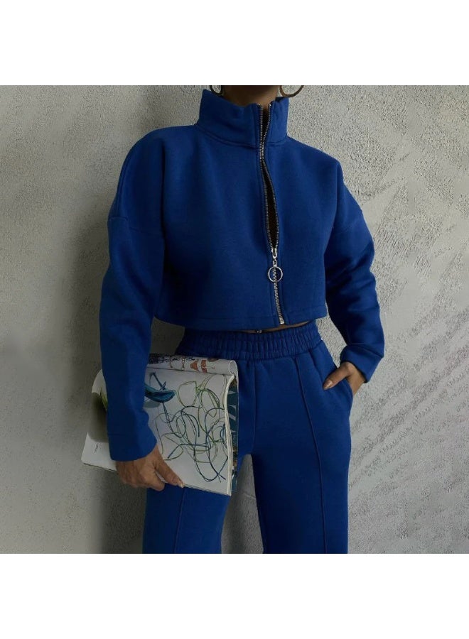 NIBEMINENT Winter Casual Solid Color Women's Fashion Jacket Suit  Vintage Collar Long Sleeve Warm Sports Hoodie Set Off Women's - Image 1