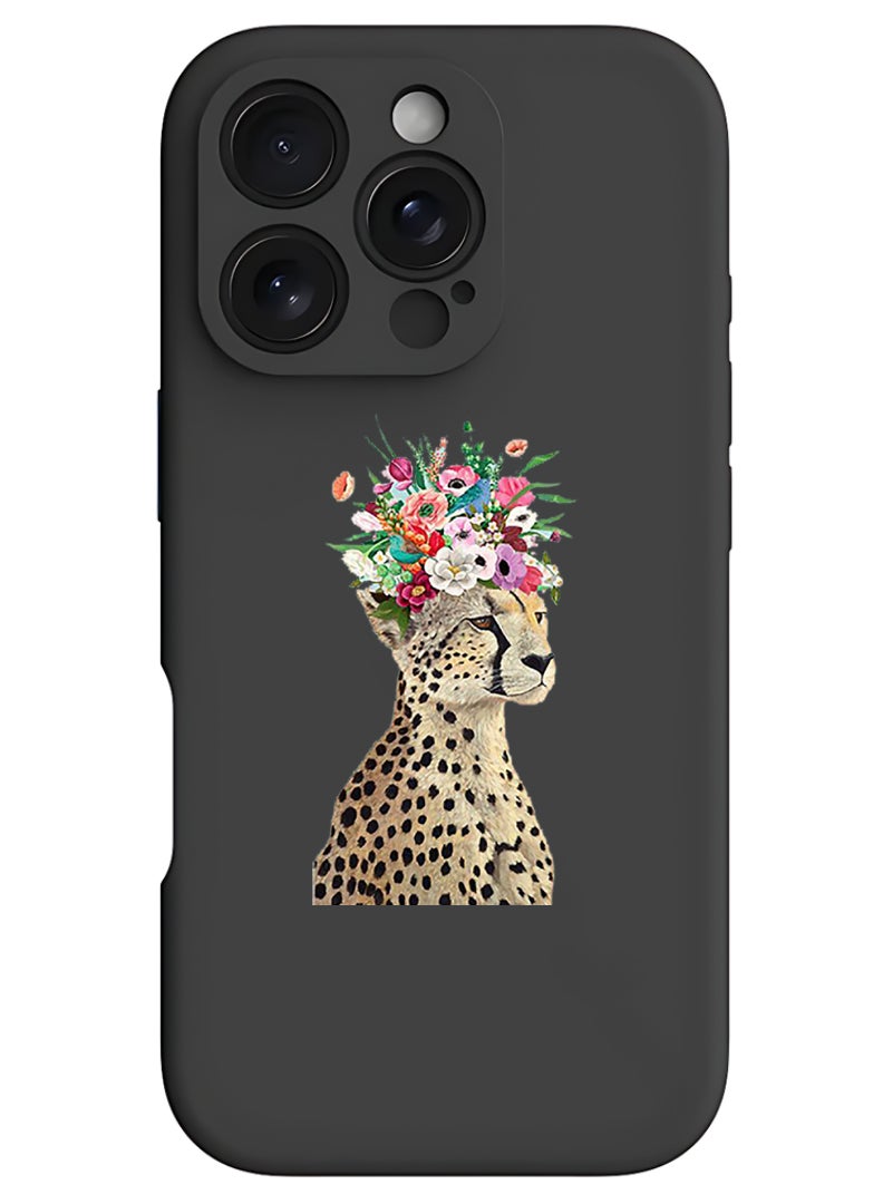 Theodor غطاء حماية رقيق أسود لجهاز آيفون 16 برو من السليكون السائل مع حماية كاملة للجسم، مضاد للخدوش ومقاوم للصدمات لجهاز آيفون - زهرة الفهد - Image 1