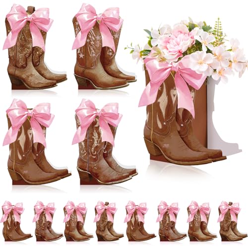 Memorywuu 12 Set Brown Western Cowboy Bow Boots Flower Boxes Centerpiece Boot Shape Gift Boxes Western Party Decoration Vase Centerpiece for Table Boots for Rodeo Birthday Baby Shower Wedding Supplies - Image 1