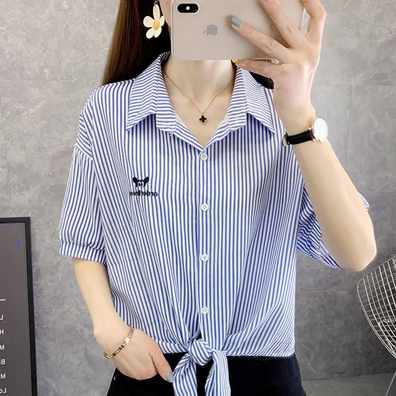 Internet Celebrity Striped Chiffon Sunscreen Clothing 2022 Summer New Short-sleeved Thin Shirt Top Womens Printed Small Shawl Trendy Blue - Image 5