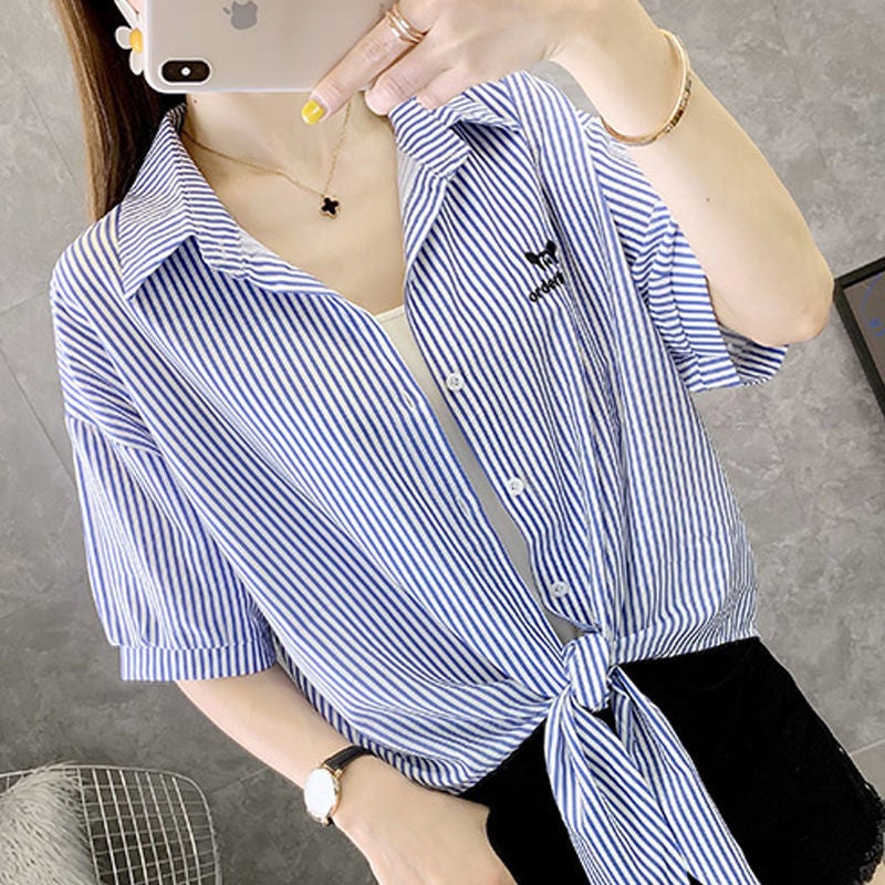Internet Celebrity Striped Chiffon Sunscreen Clothing 2022 Summer New Short-sleeved Thin Shirt Top Womens Printed Small Shawl Trendy Blue - Image 1