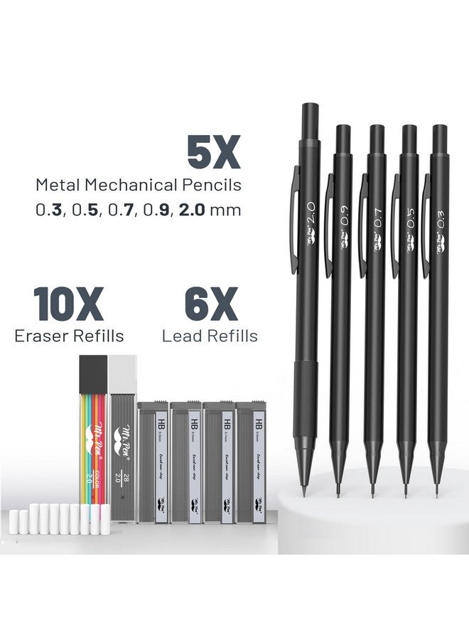 مستر. بين - مجموعة أقلام رصاص ميكانيكية معدنية مع عبوات إعادة تعبئة الرصاص والممحاة، 5 أحجام، أسود، 0.3، 0.5، 0.7، 0.9، 2 مم، أقلام رصاص ميكانيكية للرسم، أقلام رصاص ميكانيكية معدنية، أقلام رسم ميكانيكية - Image 2