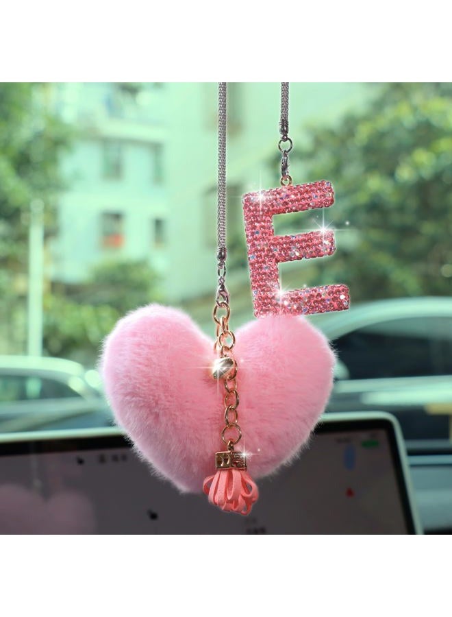 MOTOFITOOL Bling Pink Car Accessories for Women Letter Charm, Rainbow Color Rear View Mirror Cute Crystal Pendant Car Decorations, Lucky Gifts Diamond Rhinestone Charm Interior (E, Tassel Heart) - Image 1