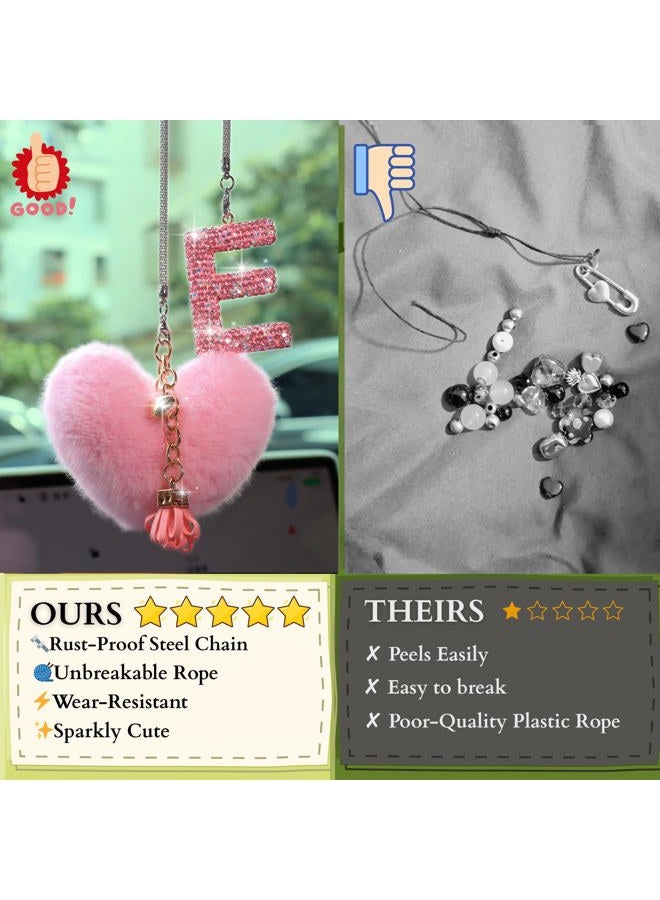 MOTOFITOOL Bling Pink Car Accessories for Women Letter Charm, Rainbow Color Rear View Mirror Cute Crystal Pendant Car Decorations, Lucky Gifts Diamond Rhinestone Charm Interior (E, Tassel Heart) - Image 3