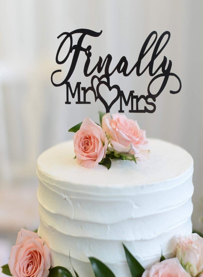 LINGTEER Finally Mr Mrs Love Heart Black Acrylic Cake Topper - Great for Wedding Engagement Bridal Shower Party Decoration Gift Keepsake - 5.9'' x 6.1''(Black) - Image 1