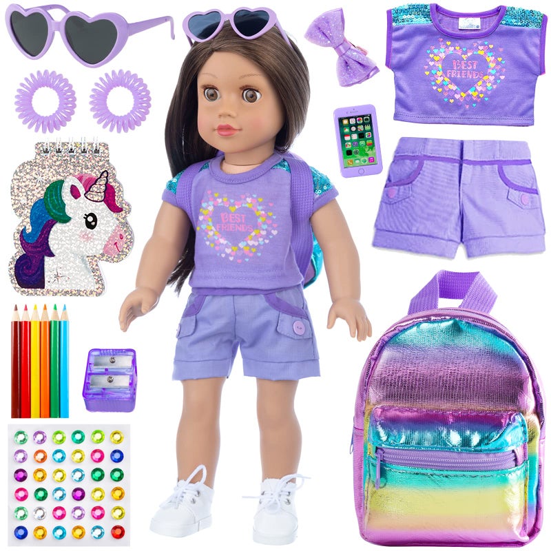 18INDC 18 Inch Girl Doll Clothes and Accessories School Supplies Playset with Clothes Set School Bags Sunglasses Pencils Pencil Sharpener Notebooks Phone Hair Clip Stickers No Dolls - Image 3