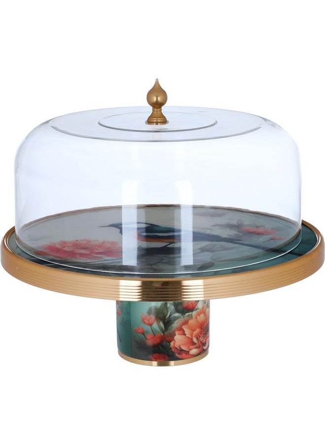 Alsaif Porcelain Cake Serving Stand 30.5 X 30.5 X 24.3 Cm Round Bird Pattern With Clear Cover Colored  - Image 1