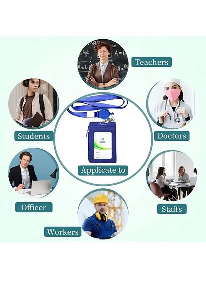 PU Leather ID Badge Card Holder Wallet-Style Protective Case with Card Slots, 1 Side Zipper Pocket & 24.8-inch (About 63 cm) Polyester Neck Ianyard Retractable Badge Reel, Blue - Image 5