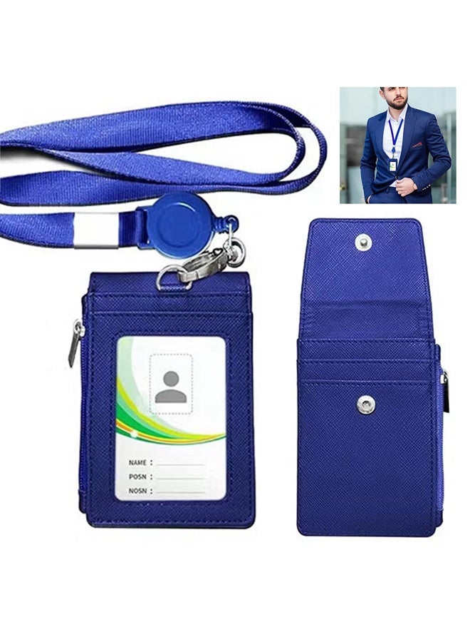 PU Leather ID Badge Card Holder Wallet-Style Protective Case with Card Slots, 1 Side Zipper Pocket & 24.8-inch (About 63 cm) Polyester Neck Ianyard Retractable Badge Reel, Blue - Image 1