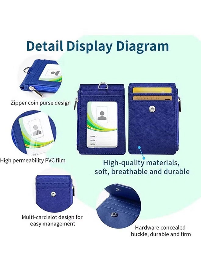 PU Leather ID Badge Card Holder Wallet-Style Protective Case with Card Slots, 1 Side Zipper Pocket & 24.8-inch (About 63 cm) Polyester Neck Ianyard Retractable Badge Reel, Blue - Image 2