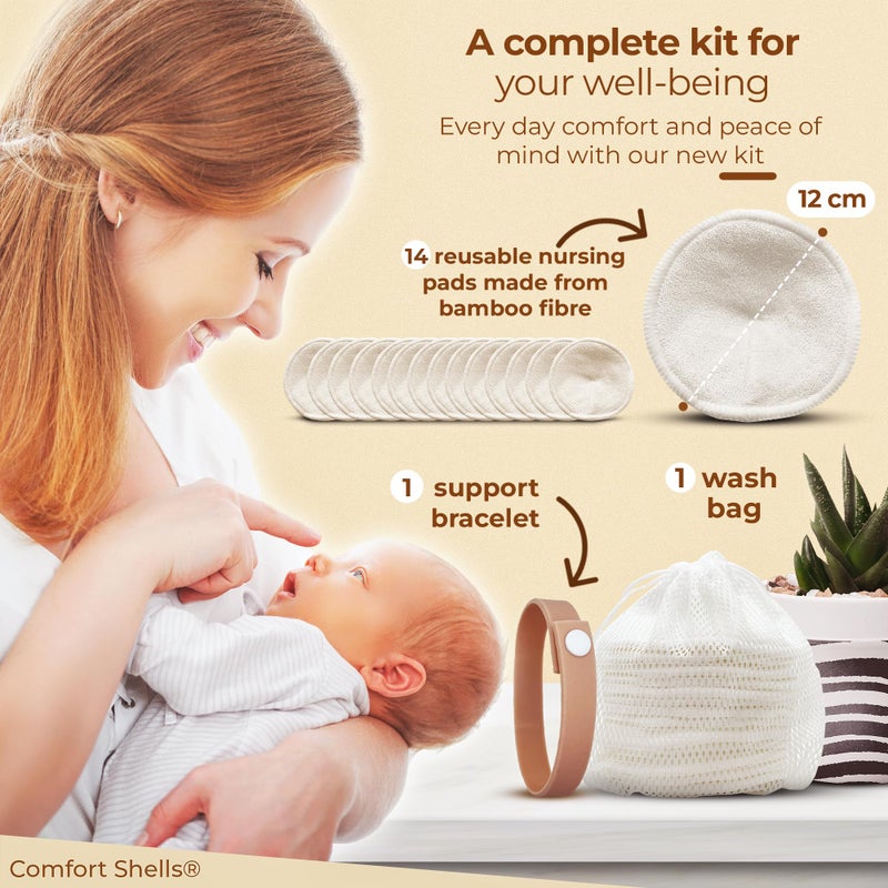 Comfort Shells وسادات الرضاعة القابلة لإعادة الاستخدام Comfort Shells® - عبوة 14 وسادة صدر فائقة النعومة + حقيبة غسيل + سوار مشبك الرضاعة - قابلة للغسل، مضادة للحساسية - تمتص تسرب حليب الثدي - Image 2