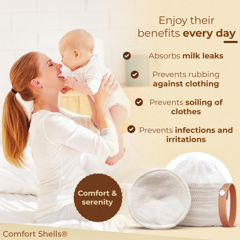 Comfort Shells وسادات الرضاعة القابلة لإعادة الاستخدام Comfort Shells® - عبوة 14 وسادة صدر فائقة النعومة + حقيبة غسيل + سوار مشبك الرضاعة - قابلة للغسل، مضادة للحساسية - تمتص تسرب حليب الثدي - Image 3