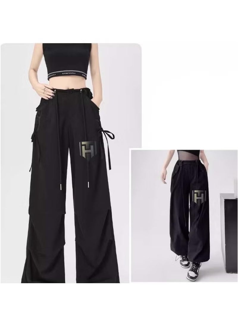 Huitich Women's Ice Silk Wide-Leg Pants – High Waist, Loose Fit – Black Size L - Image 2