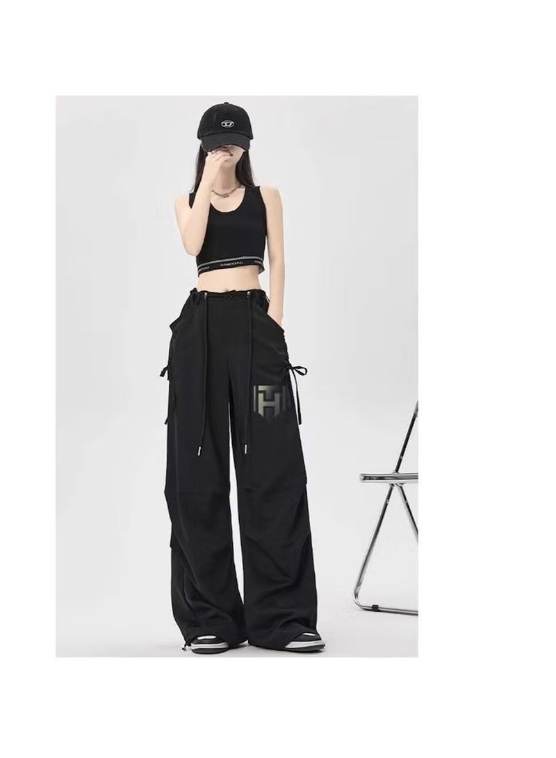 Huitich Women's Ice Silk Wide-Leg Pants – High Waist, Loose Fit – Black Size L - Image 3