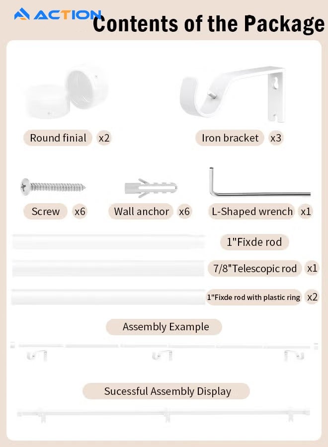 أكشن عصا ستائر بطول من 91.4 إلى 223.5 سم لمجموعة أعمدة الستائر للستائر المعلقة بالعينات بقطر 25 مم، ستائر قوي للتنصيب مع حوامل قابلة للتعديل لغرفة النوم وغرفة المعيشة والمكتب - Image 4