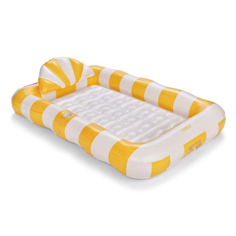 FUNBOY Tanning Pool Lounger Float Yellow Stripe, XL 72'' x 48'' Pool Float with Custom Pillow and Large Cup Holder, Perfect for Pool or Backyard. - Image 1