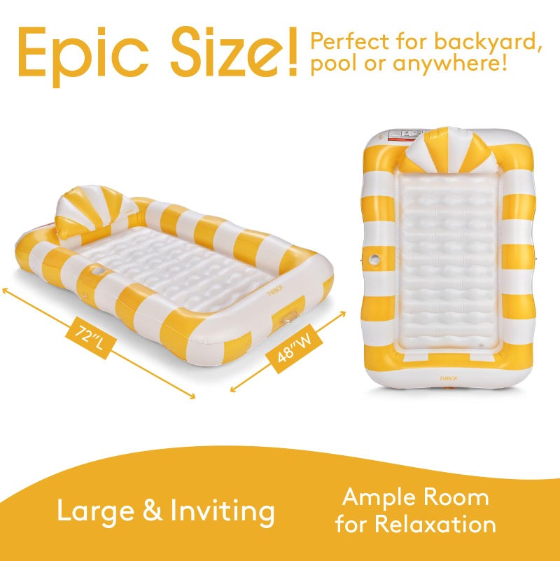 FUNBOY Tanning Pool Lounger Float Yellow Stripe, XL 72'' x 48'' Pool Float with Custom Pillow and Large Cup Holder, Perfect for Pool or Backyard. - Image 4