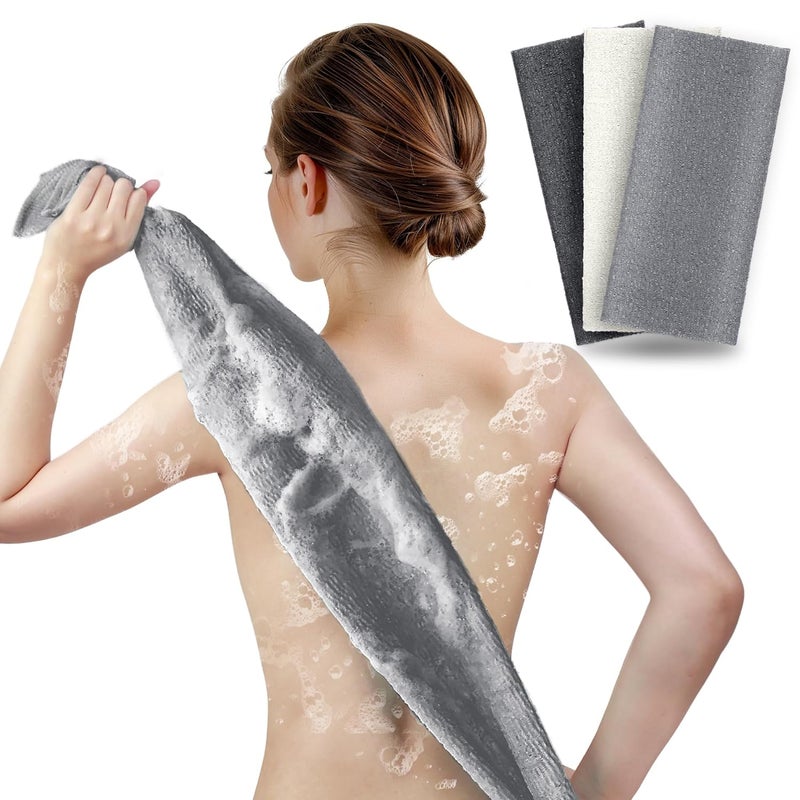 ARCH&M Exfoliating Washcloth (3 Pack), Japanese Body Scrubber for Shower, Long Nylon Towel for Back, Korean Exfoliation for Glowing Skin (Gray Black Off-White) - Image 1