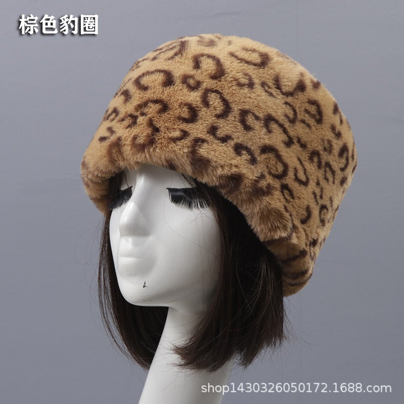 Autumn Winter Faux Rabbit Fur Hat for Adults Brown leopard ring short fur flat hat
