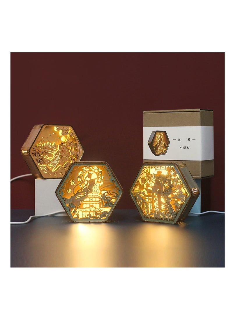 general Dunhuang wood carving lamp creative gift retro literary gift bedside, living room, bedroom, office, dining room, 3D night light decorative ornament table lamp paper carving lamp - Dunhuang colorful pattern - Image 2