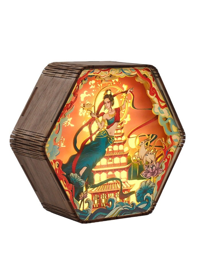 general Dunhuang wood carving lamp creative gift retro literary gift bedside, living room, bedroom, office, dining room, 3D night light decorative ornament table lamp paper carving lamp - Dunhuang colorful pattern - Image 1