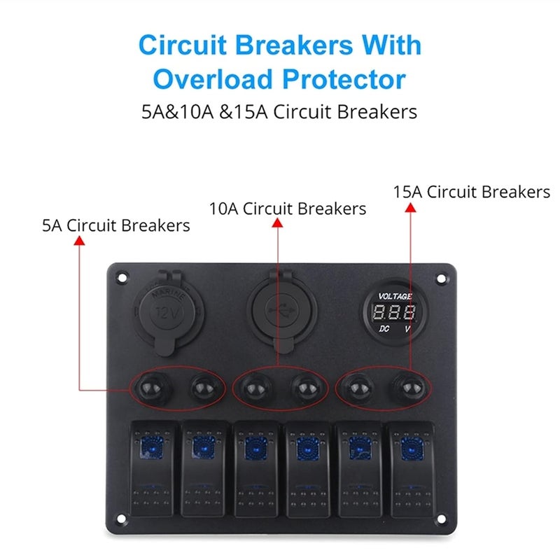 Wivplex 6 Gang Car Control Panel Switch with USB Charger - Image 3