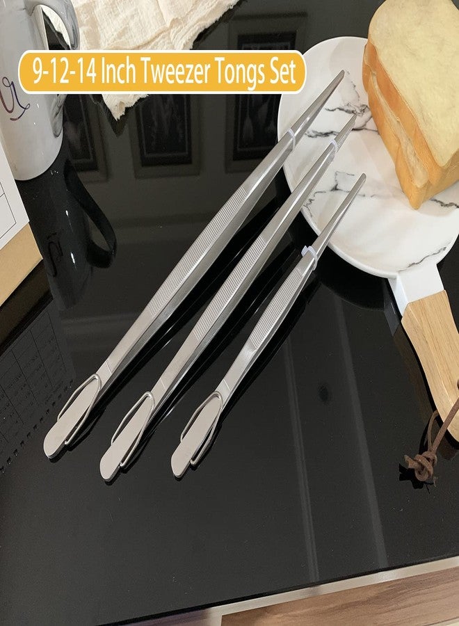 JETKONG Extra Long Kitchen Tweezers Heavy Duty Stainless Steel Cooking Tweezers, Set of 3 (9 12 14 Inch, Silver) - Image 2