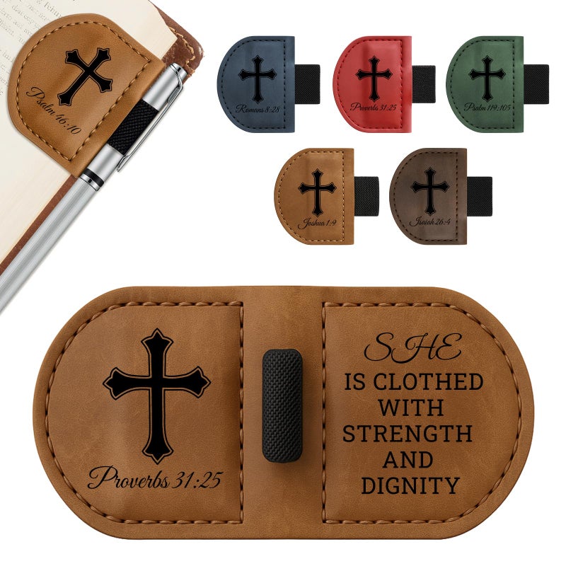 JUBOPE Bygone Mark Personalized Magnetic Leather Bookmark with Pen Holder - Inspirational Bible Verse Scripture Design, Custom Book Marker for Book Lovers Men Women (Brown-Proverbs 31:25) - Image 1