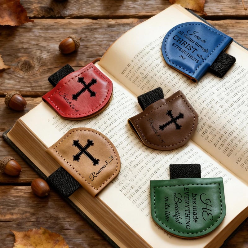 JUBOPE Bygone Mark Personalized Magnetic Leather Bookmark with Pen Holder - Inspirational Bible Verse Scripture Design, Custom Book Marker for Book Lovers Men Women (Brown-Proverbs 31:25) - Image 3