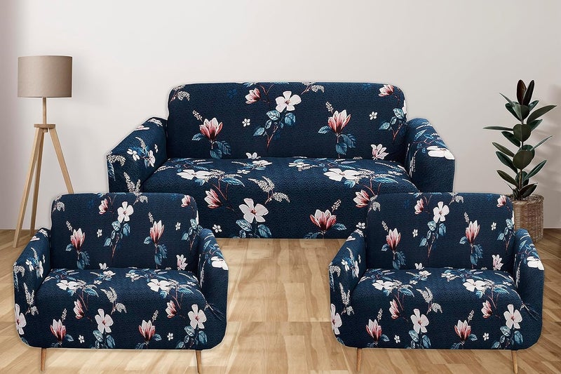 Prakash Sales Prakash Sales Blend Geometric Sofa Cover One 3 Seater and Two 1 Seater Fully Covered Universal 5 Seater Elastic Sofa Cover 3 Seater and 2 Seater 3 Seater Dark Blue Lotus  - Image 3