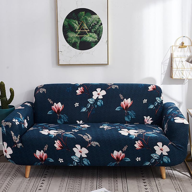 Prakash Sales Prakash Sales Blend Geometric Sofa Cover One 3 Seater and Two 1 Seater Fully Covered Universal 5 Seater Elastic Sofa Cover 3 Seater and 2 Seater 3 Seater Dark Blue Lotus  - Image 1