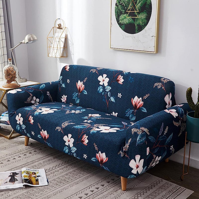 Prakash Sales Prakash Sales Blend Geometric Sofa Cover One 3 Seater and Two 1 Seater Fully Covered Universal 5 Seater Elastic Sofa Cover 3 Seater and 2 Seater 3 Seater Dark Blue Lotus  - Image 2