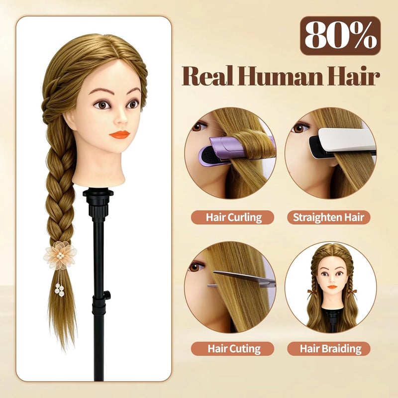 TwoWin 26"-28" Mannequin Head with 80% Real Hair – Cosmetology Training Head for Hair Braiding, Styling & Makeup Practice – Doll Head with Clamp - Image 3