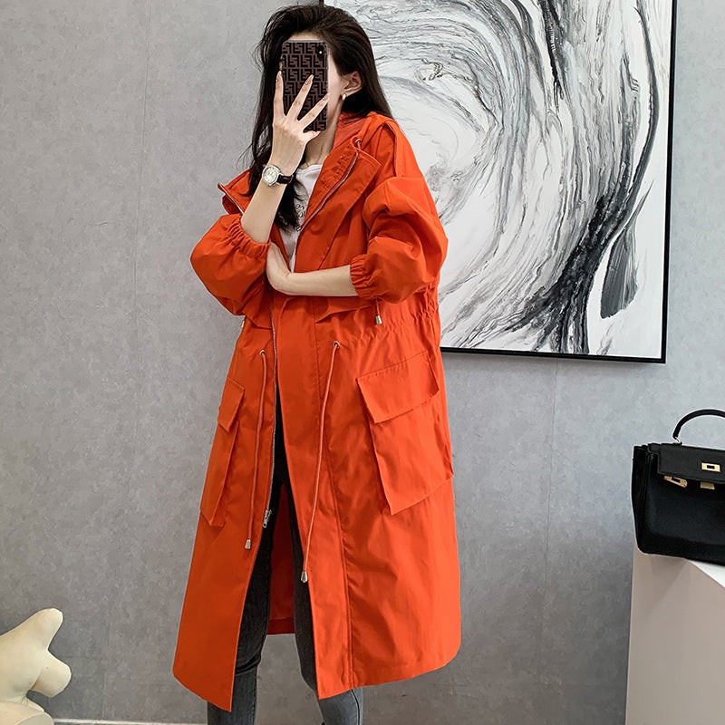 Womens windbreaker long 2023 new small this year popular tooling explosions early spring and autumn thin coat Orange Red 