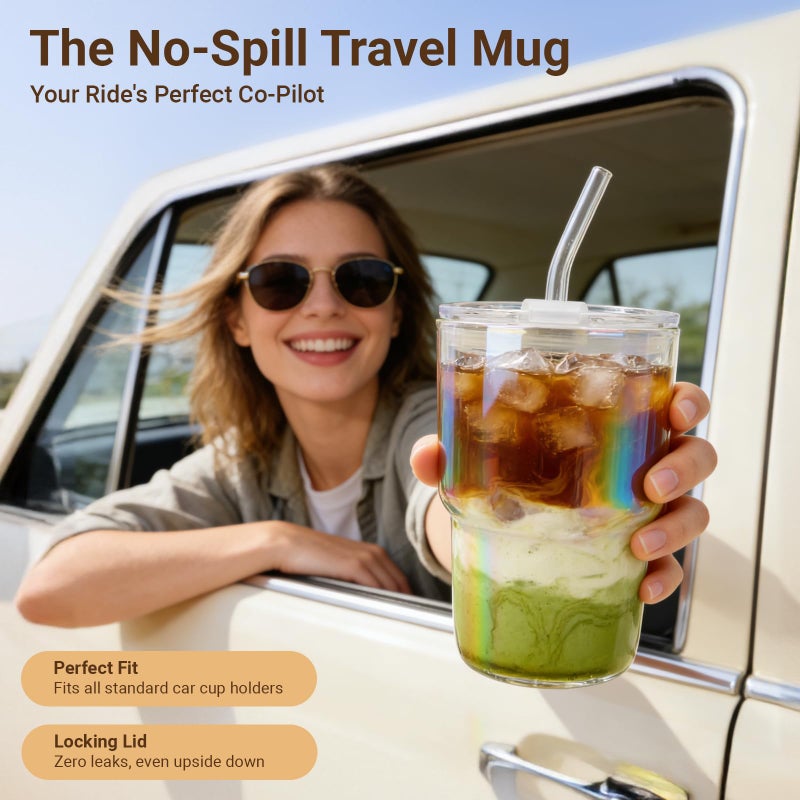 Luxfuel 16 oz Glass Tumbler with Lid & Straw, Reusable Iced Coffee Cup & Smoothie Cup, Leak-Proof Borosilicate Glass for Coffee, Iced Tea, Water â€“ 2 Pack, Ideal for Office, Home & Travel, Amber - Image 5