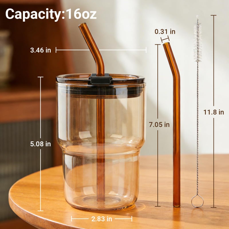 Luxfuel 16 oz Glass Tumbler with Lid & Straw, Reusable Iced Coffee Cup & Smoothie Cup, Leak-Proof Borosilicate Glass for Coffee, Iced Tea, Water â€“ 2 Pack, Ideal for Office, Home & Travel, Amber - Image 3