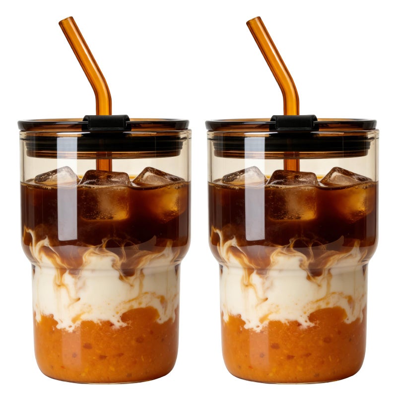 Luxfuel 16 oz Glass Tumbler with Lid & Straw, Reusable Iced Coffee Cup & Smoothie Cup, Leak-Proof Borosilicate Glass for Coffee, Iced Tea, Water â€“ 2 Pack, Ideal for Office, Home & Travel, Amber - Image 1