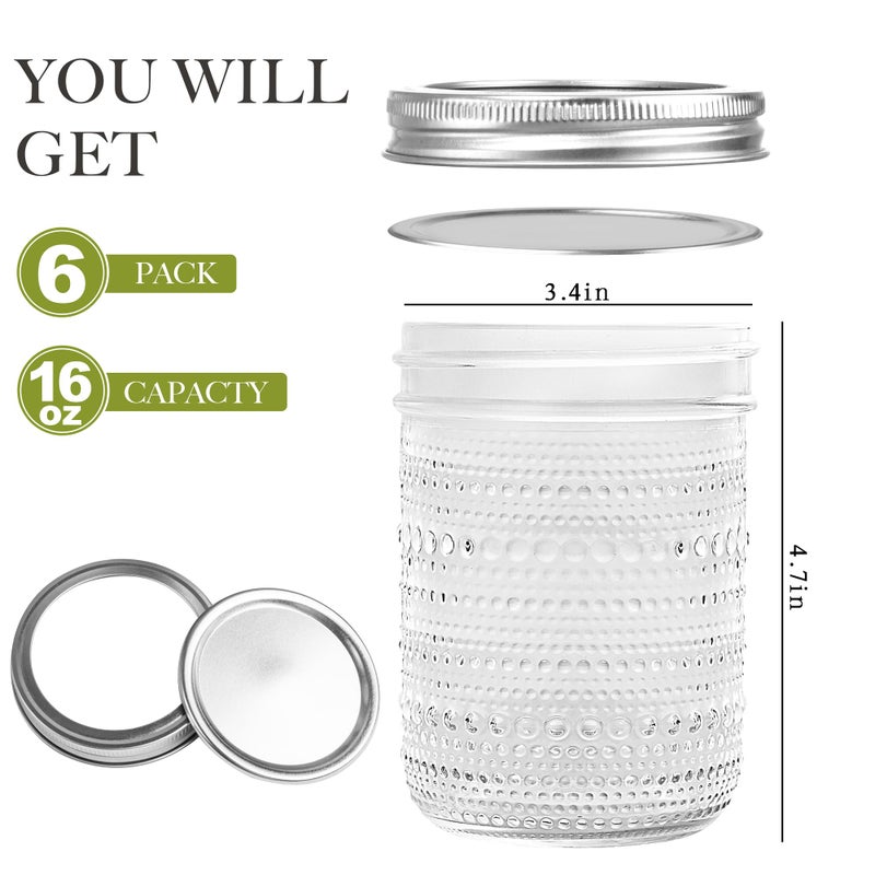 WACOI Mason Jars 16 Oz with Lids 6 Packs, Vintage Wide Mouth Glass Canning Jar for Pickling, Fermenting, Storing, Canning, Home Decor, Salad Jam and DIY Crafts - Image 2